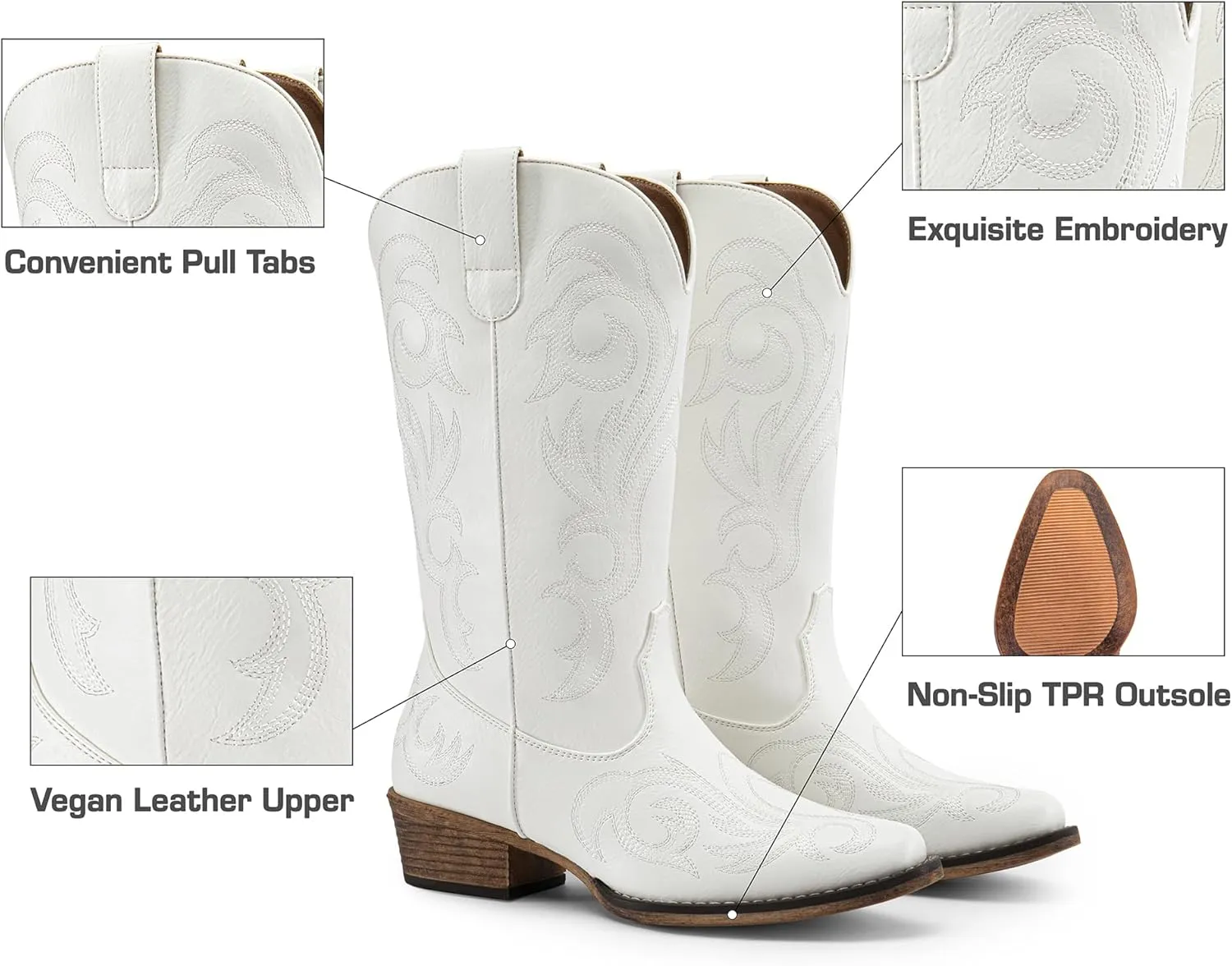 DREAM PAIRS Women's Cowboy Boots Mid Calf Cowgirl Boots Square Toe Chunky Heel Embroidery Stitched Western Boots