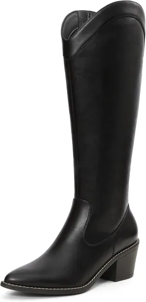 DREAM PAIRS Womens Cowboy Boots, Western Cowgirl Pull On Zipper Chunky Heel Pointed Toe Knee High Boots