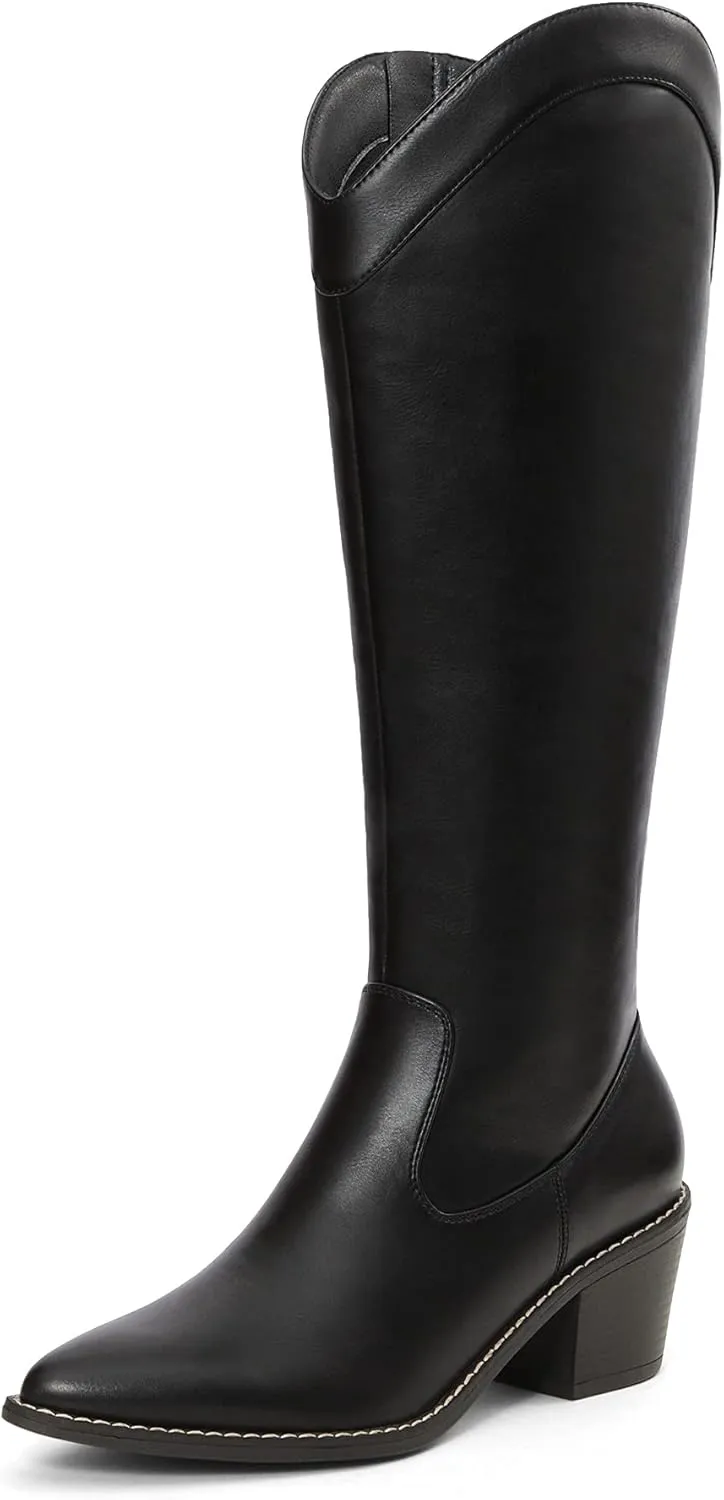 DREAM PAIRS Womens Cowboy Boots, Western Cowgirl Pull On Zipper Chunky Heel Pointed Toe Knee High Boots