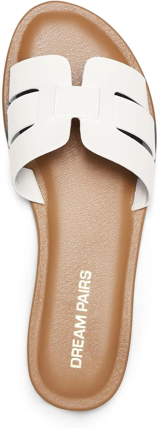 DREAM PAIRS Women's Dressy Slide Sandals Slip-on Open Round Toe Flat Sandals Fashion Casual Comfortable Summer Beach Walking Slides