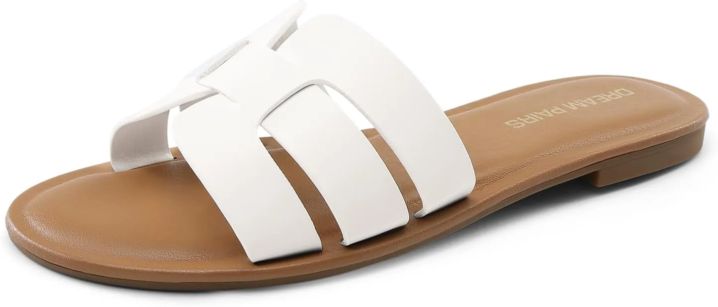 DREAM PAIRS Women's Dressy Slide Sandals Slip-on Open Round Toe Flat Sandals Fashion Casual Comfortable Summer Beach Walking Slides