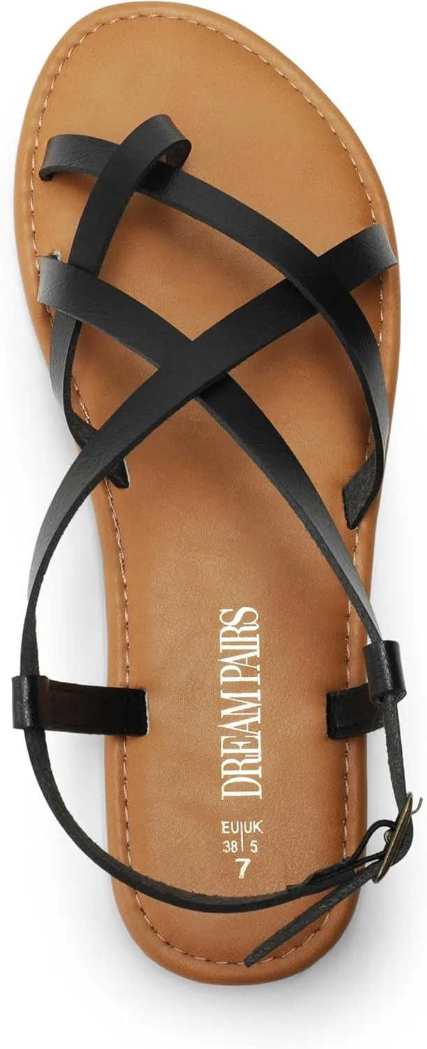 DREAM PAIRS Women's Flat Sandals Strappy Dressy Comfortable Ankle Strap Casual Summer Thong Sandals for Beach