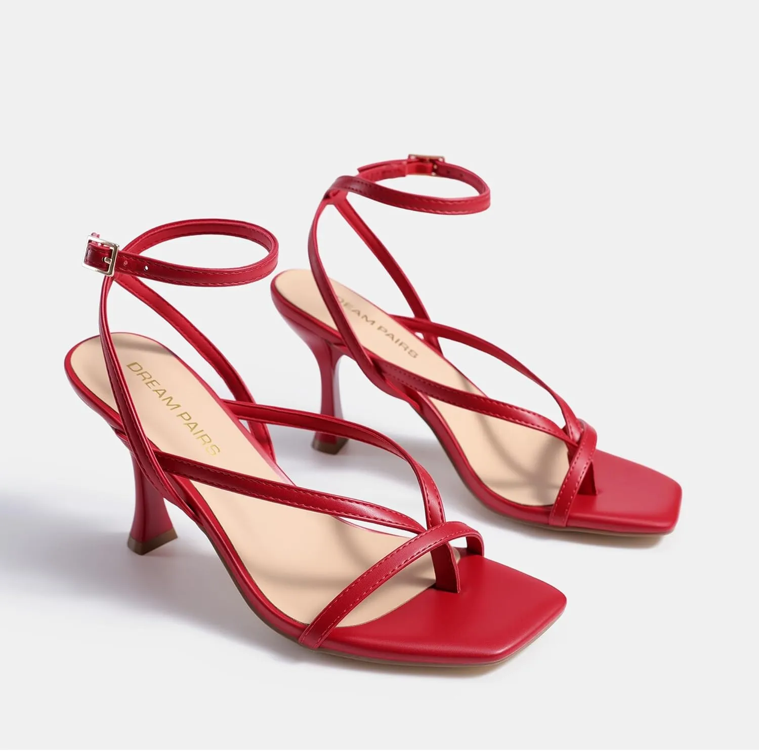 DREAM PAIRS Women's Low Kitten Heels Strappy Design with Lace Up Open Square Toe Thong Ankle Strap Shoes Fashionable Sexy Sylvestra Heeled Sandals for Dressy Occasions
