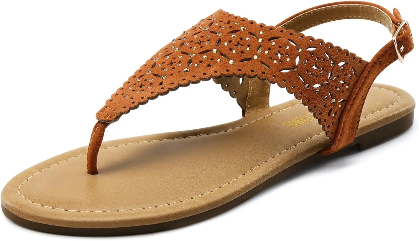 DREAM PAIRS Women's Rhinestone Casual Wear Cute Gladiator Flat Sandals Beach Dressy T-Strap Thong Sandals