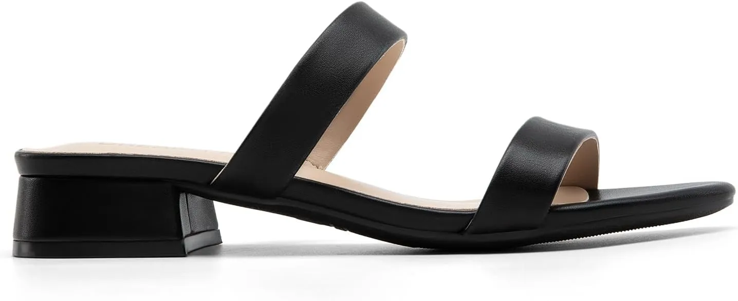 DREAM PAIRS Women's Slides Heels Slip On Low Block Sandals Two Strap Open Round Toe Chunky Casual Summer Mules Shoes