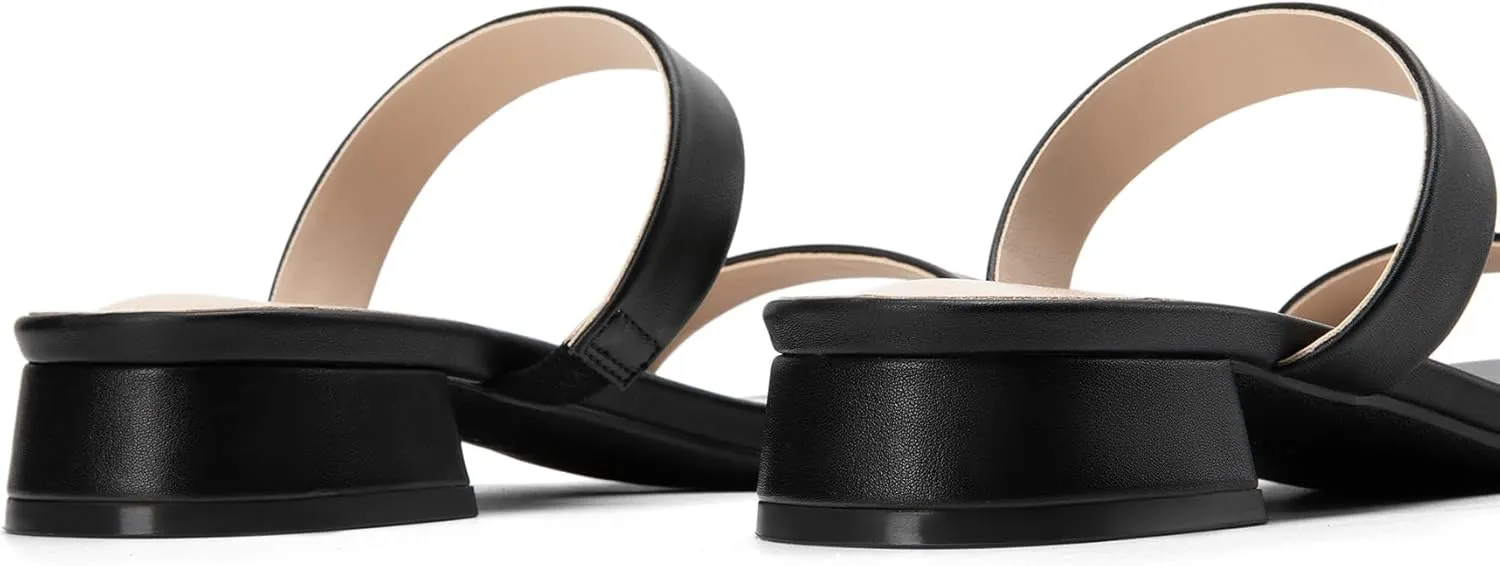DREAM PAIRS Women's Slides Heels Slip On Low Block Sandals Two Strap Open Round Toe Chunky Casual Summer Mules Shoes