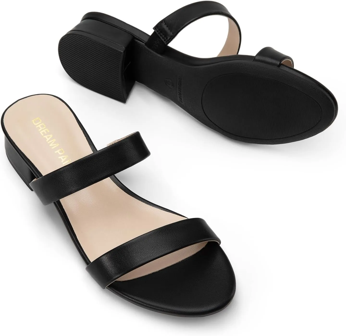 DREAM PAIRS Women's Slides Heels Slip On Low Block Sandals Two Strap Open Round Toe Chunky Casual Summer Mules Shoes