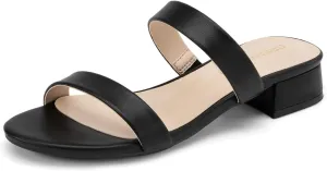 DREAM PAIRS Women's Slides Heels Slip On Low Block Sandals Two Strap Open Round Toe Chunky Casual Summer Mules Shoes