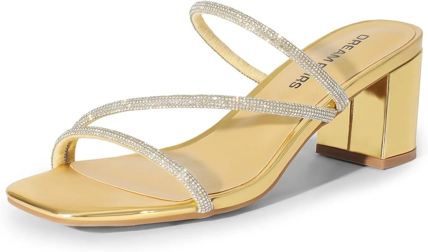 DREAM PAIRS Women's Strappy Heels Open Toe Low Chunky Heel Slip On Mules Square Block Sandals Dress Shoes