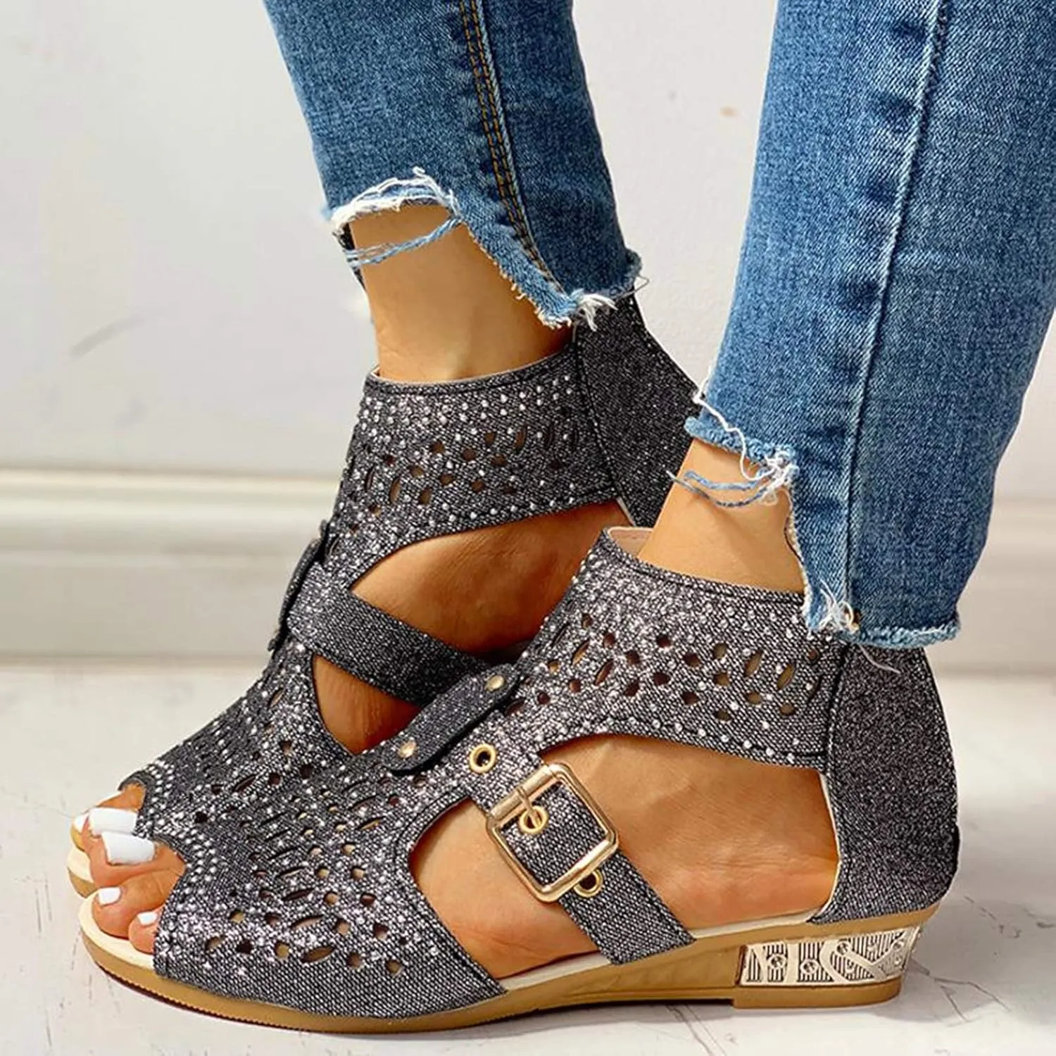 Eduavar Sandals for Women Dressy,Boho Sandals Womens Sandals Low Wedges Peep Toe Wrapped Sexy Cute Diamond Dressy Sandals