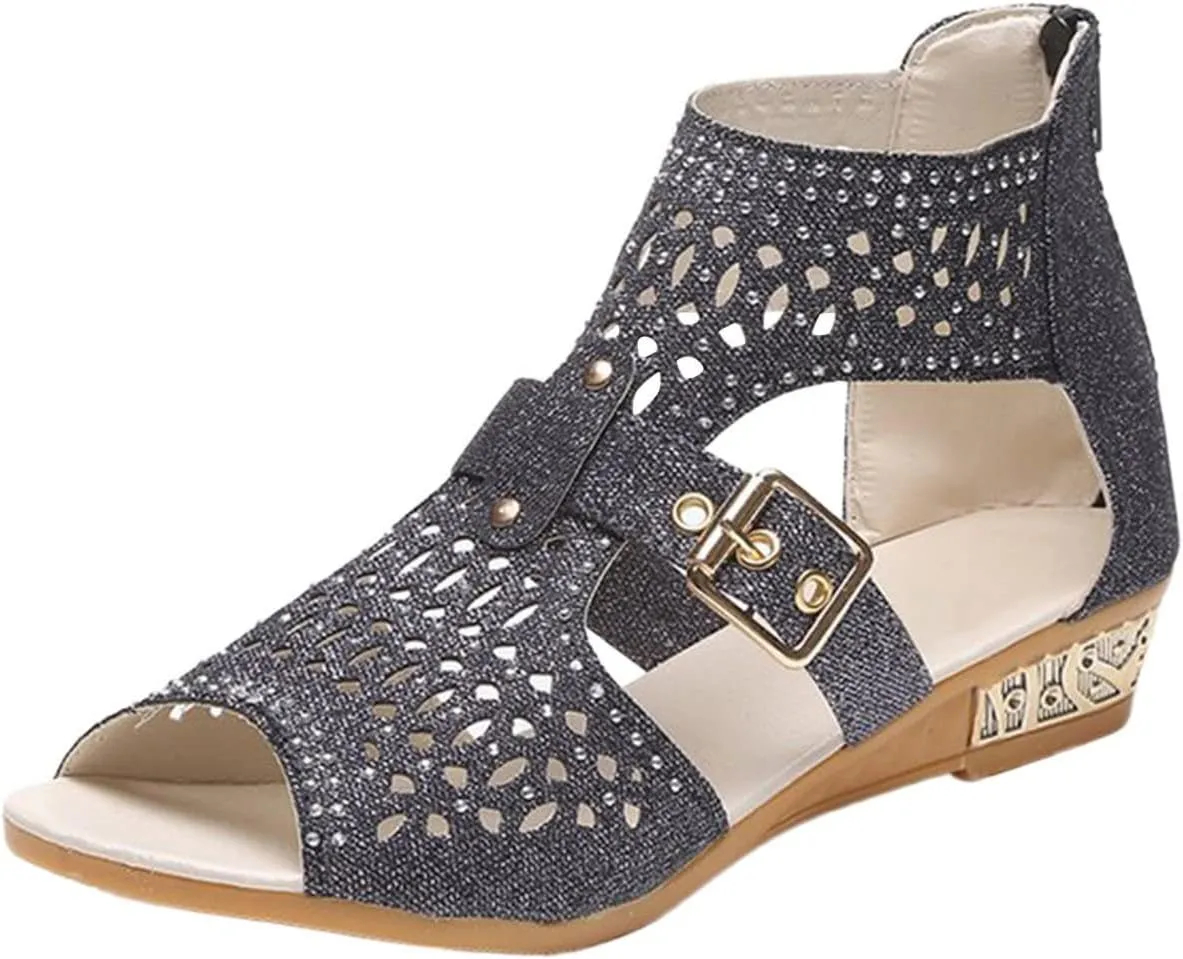 Eduavar Sandals for Women Dressy,Boho Sandals Womens Sandals Low Wedges Peep Toe Wrapped Sexy Cute Diamond Dressy Sandals