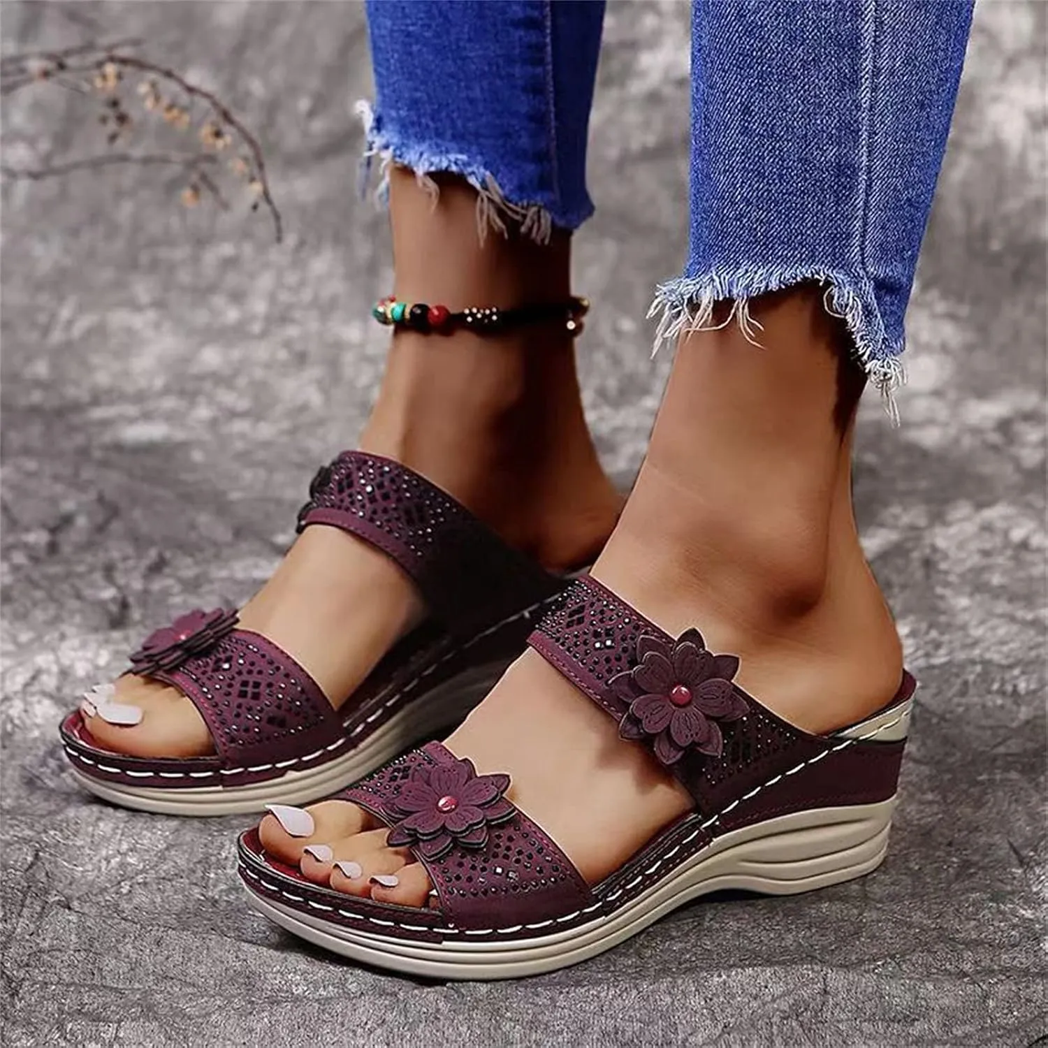 Eduavar Wedge Sandals for Women, Sandals for Women Dressy Summer Beach Sandals Lace Trim Ring Toe Floral Flat Sandal