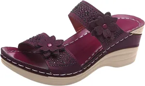 Eduavar Wedge Sandals for Women, Sandals for Women Dressy Summer Beach Sandals Lace Trim Ring Toe Floral Flat Sandal