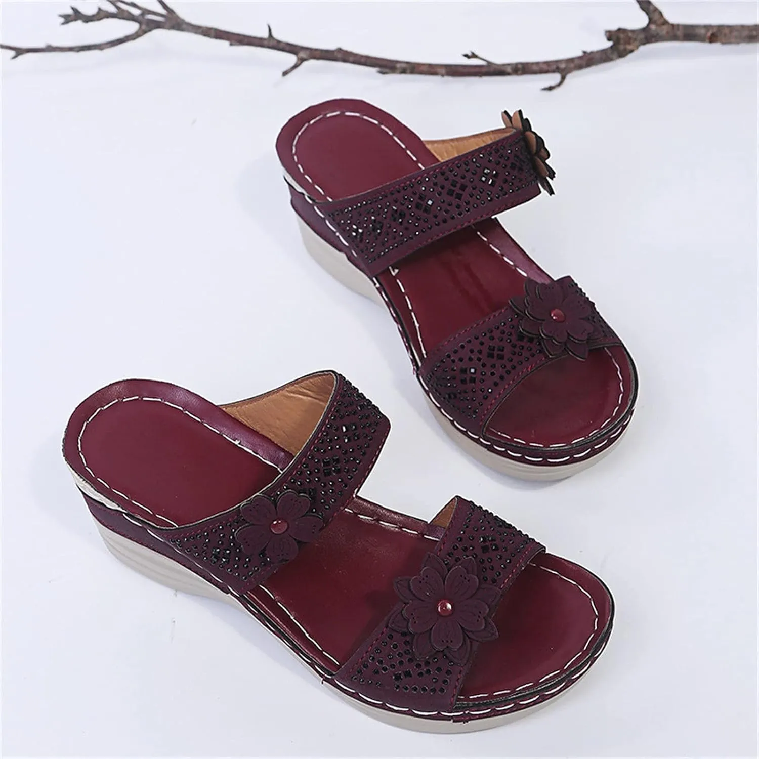 Eduavar Wedge Sandals for Women, Sandals for Women Dressy Summer Beach Sandals Lace Trim Ring Toe Floral Flat Sandal