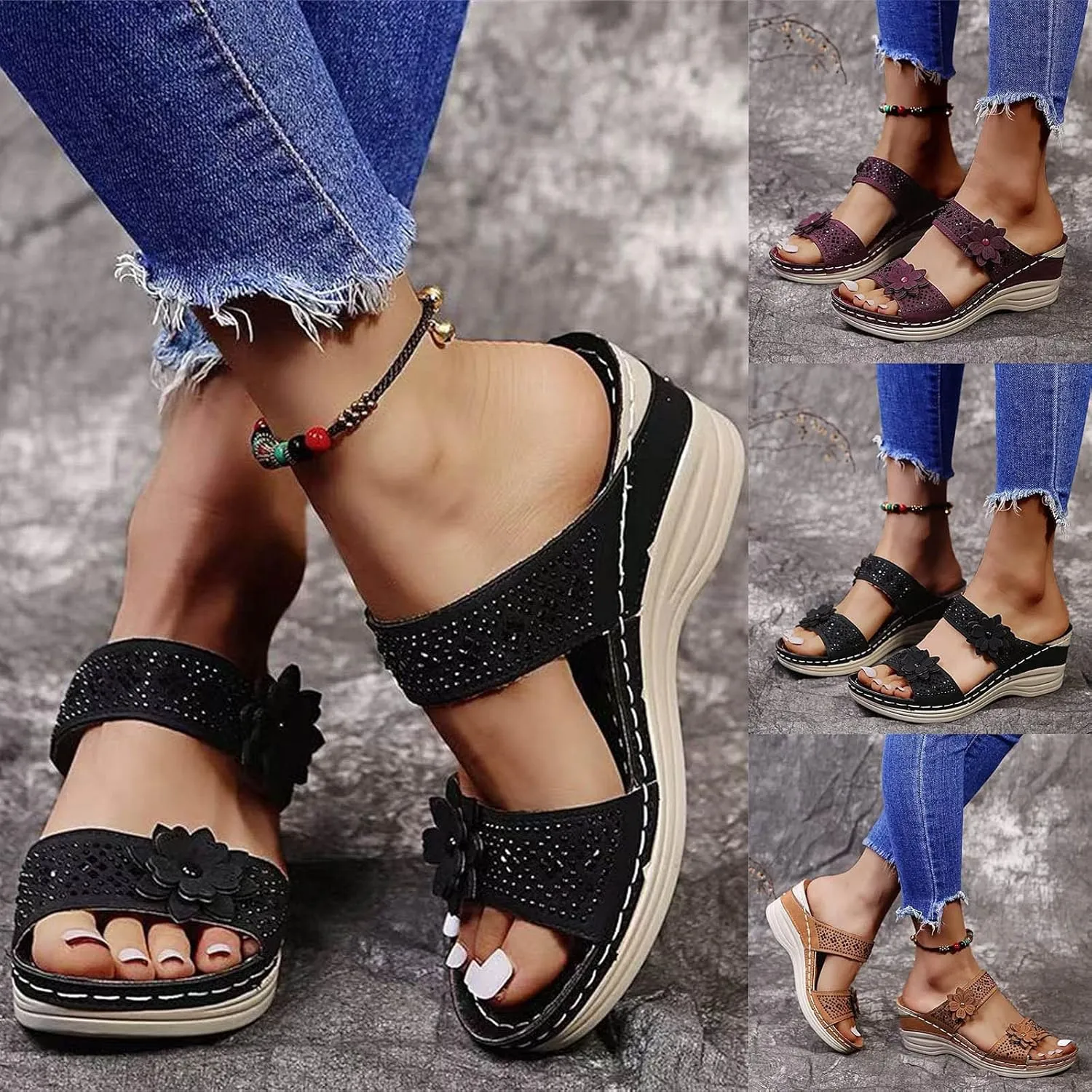 Eduavar Wedge Sandals for Women, Sandals for Women Dressy Summer Beach Sandals Lace Trim Ring Toe Floral Flat Sandal