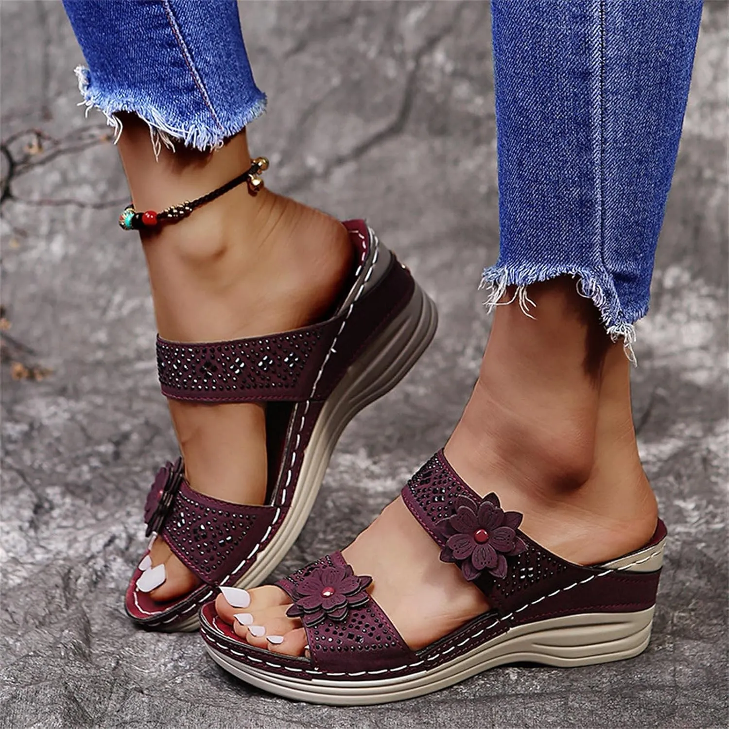 Eduavar Wedge Sandals for Women, Sandals for Women Dressy Summer Beach Sandals Lace Trim Ring Toe Floral Flat Sandal