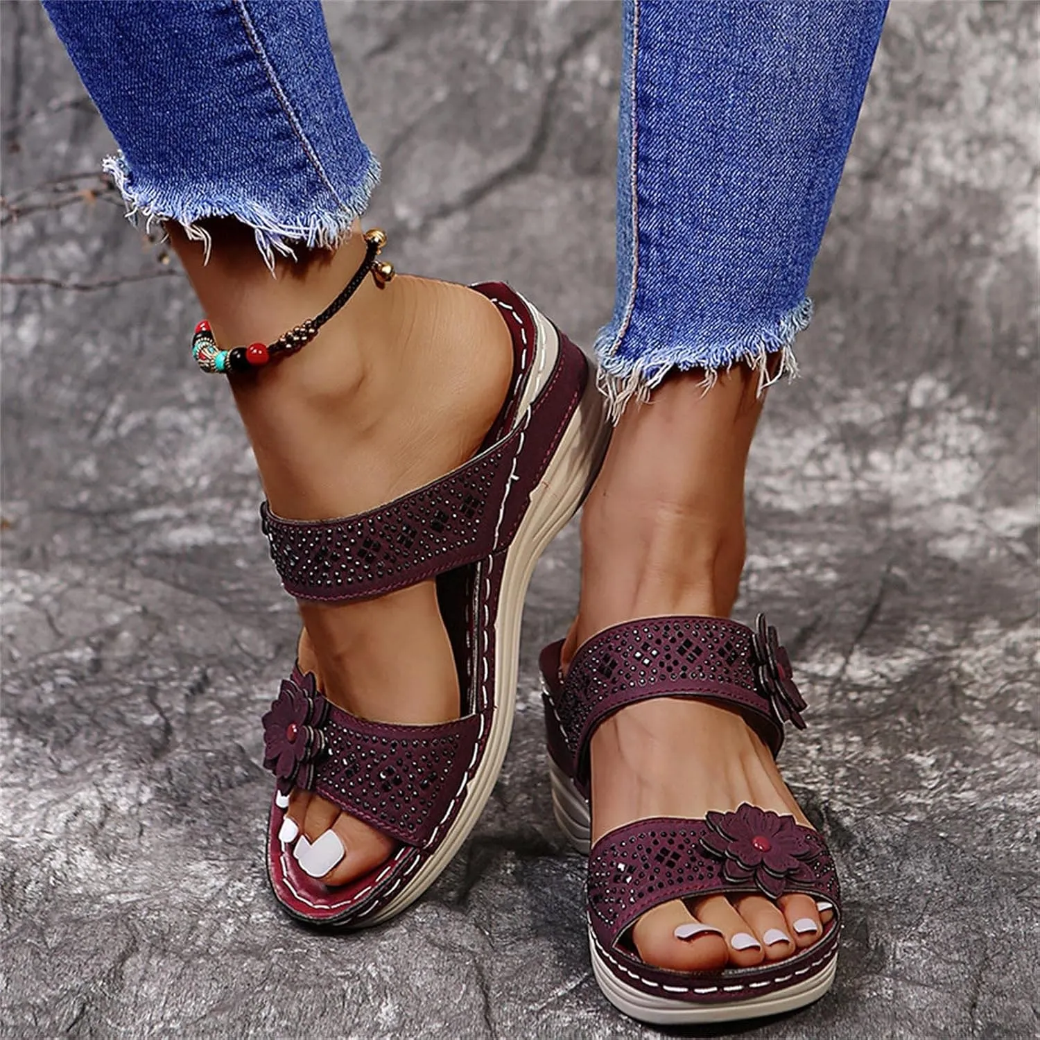 Eduavar Wedge Sandals for Women, Sandals for Women Dressy Summer Beach Sandals Lace Trim Ring Toe Floral Flat Sandal