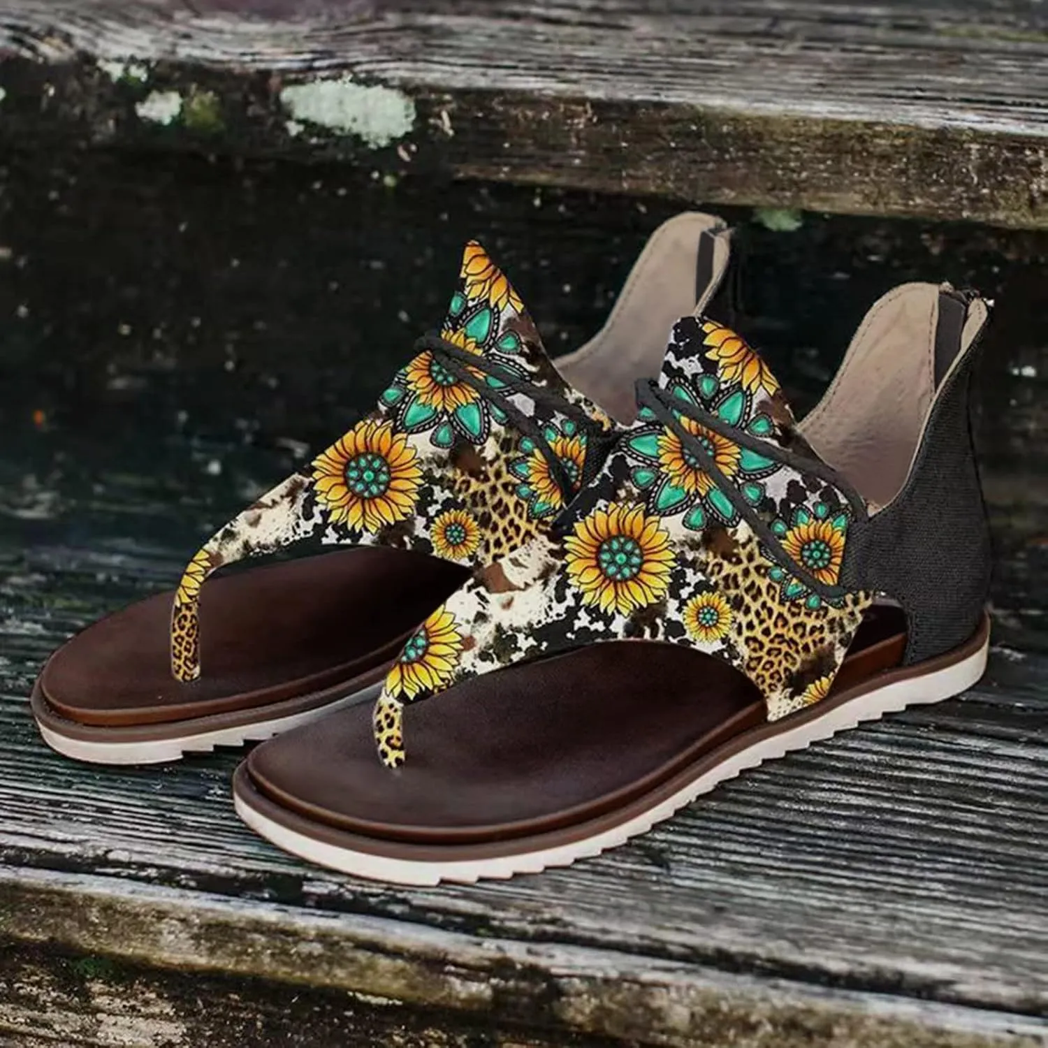Eduavar Wedge Sandals for Women, Sandals for Women Lace Trim Ring Toe Floral Flat Sandals Dressy Summer Beach Sandals
