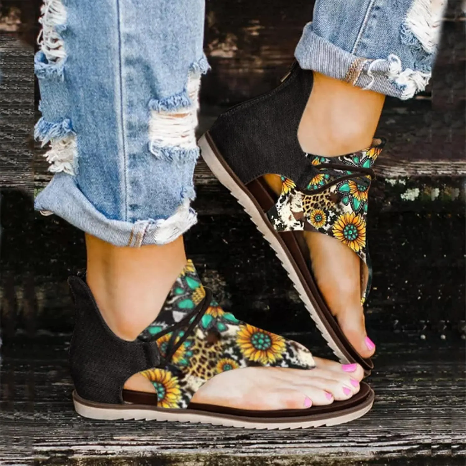 Eduavar Wedge Sandals for Women, Sandals for Women Lace Trim Ring Toe Floral Flat Sandals Dressy Summer Beach Sandals