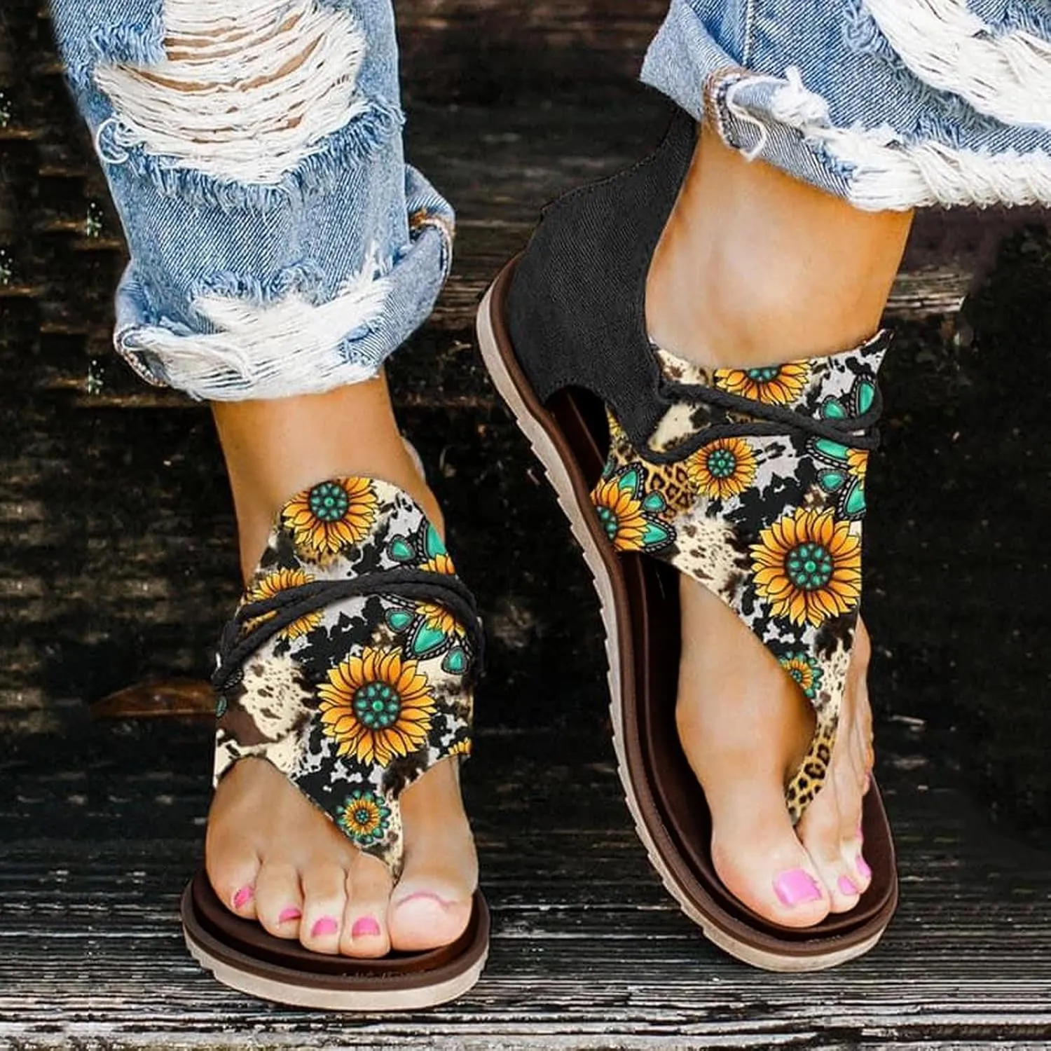 Eduavar Wedge Sandals for Women, Sandals for Women Lace Trim Ring Toe Floral Flat Sandals Dressy Summer Beach Sandals
