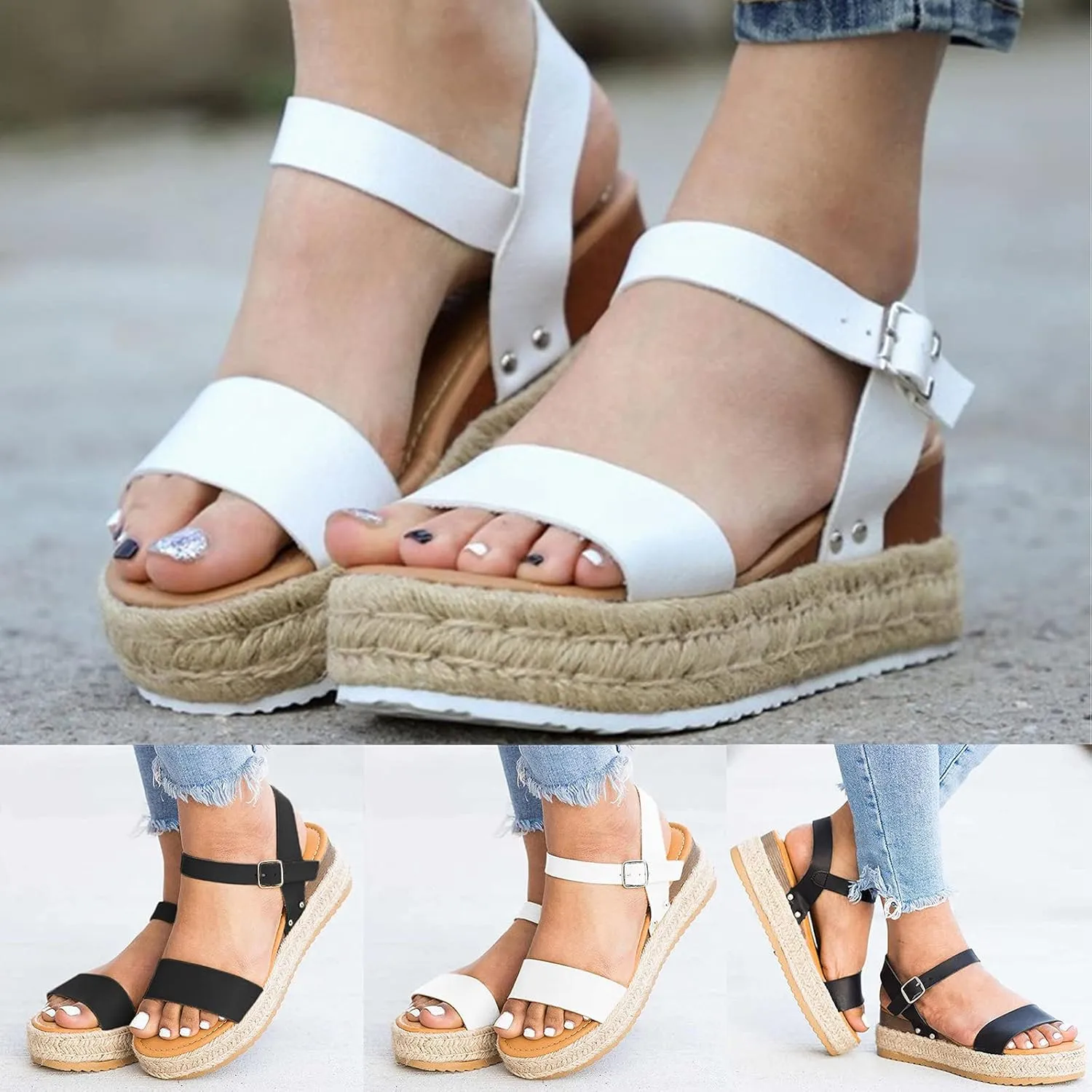 Eduavar Wedge Sandals for Women, Women Sandals Dressy Summer Beach Sandals Lace Trim Ring Toe Floral Flat Sandals