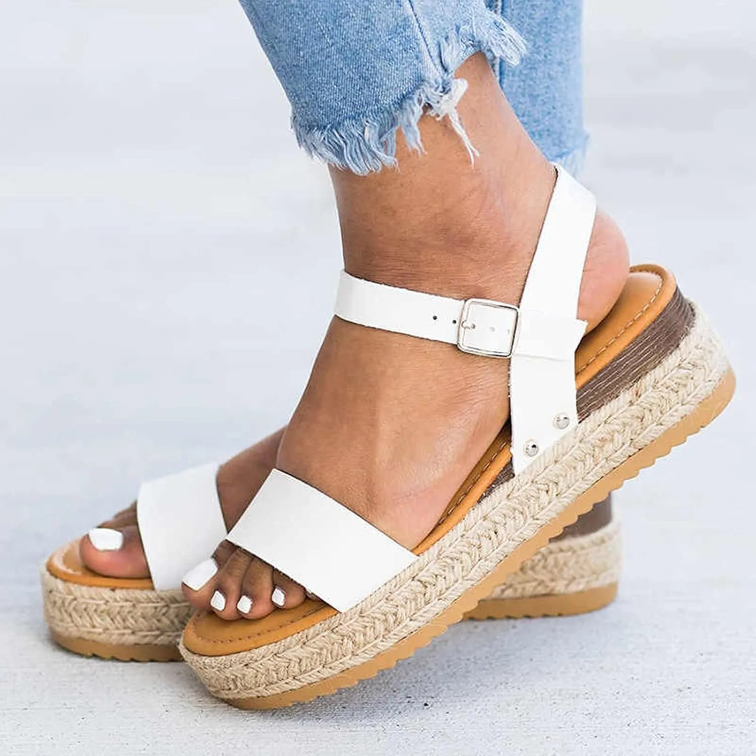 Eduavar Wedge Sandals for Women, Women Sandals Dressy Summer Beach Sandals Lace Trim Ring Toe Floral Flat Sandals