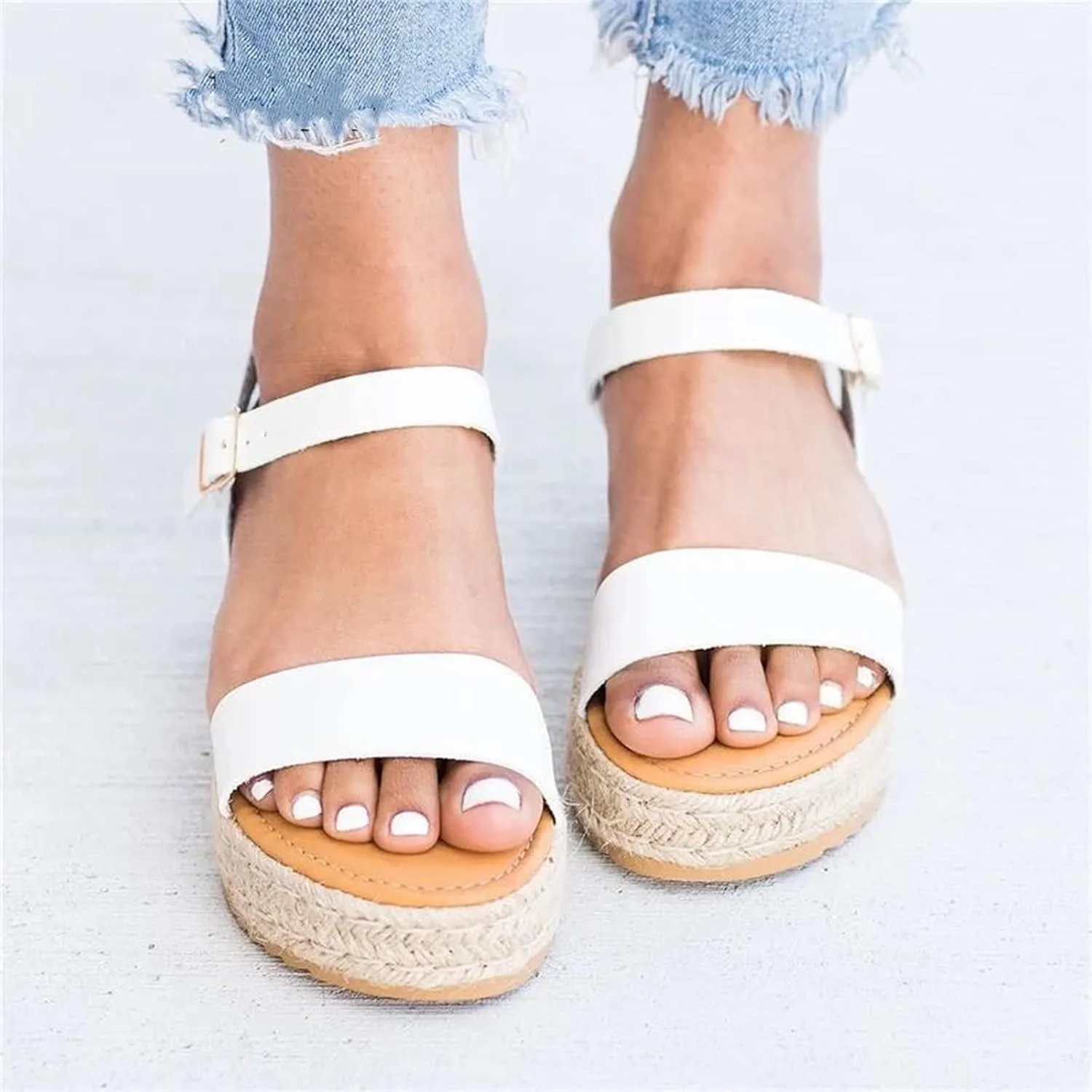 Eduavar Wedge Sandals for Women, Women Sandals Dressy Summer Beach Sandals Lace Trim Ring Toe Floral Flat Sandals