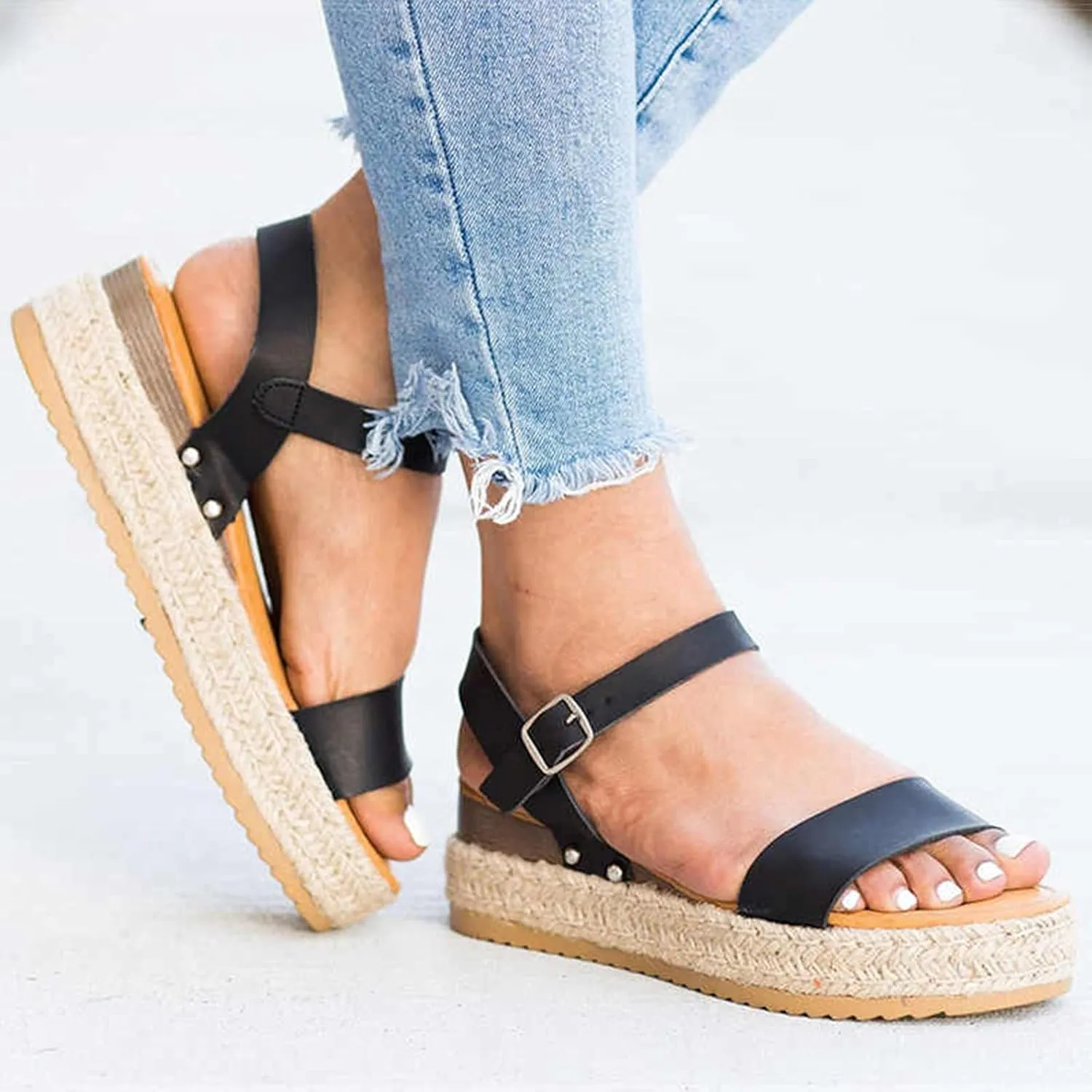 Eduavar Wedge Sandals for Women, Women Sandals Dressy Summer Beach Sandals Lace Trim Ring Toe Floral Flat Sandals