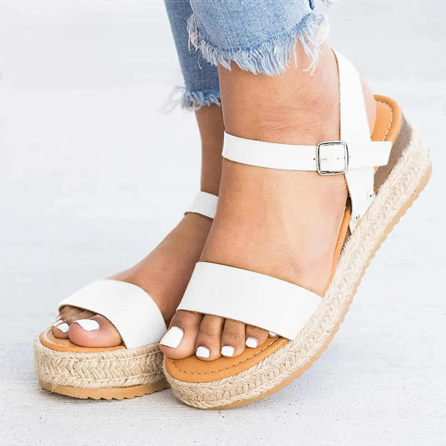 Eduavar Wedge Sandals for Women, Women Sandals Dressy Summer Beach Sandals Lace Trim Ring Toe Floral Flat Sandals