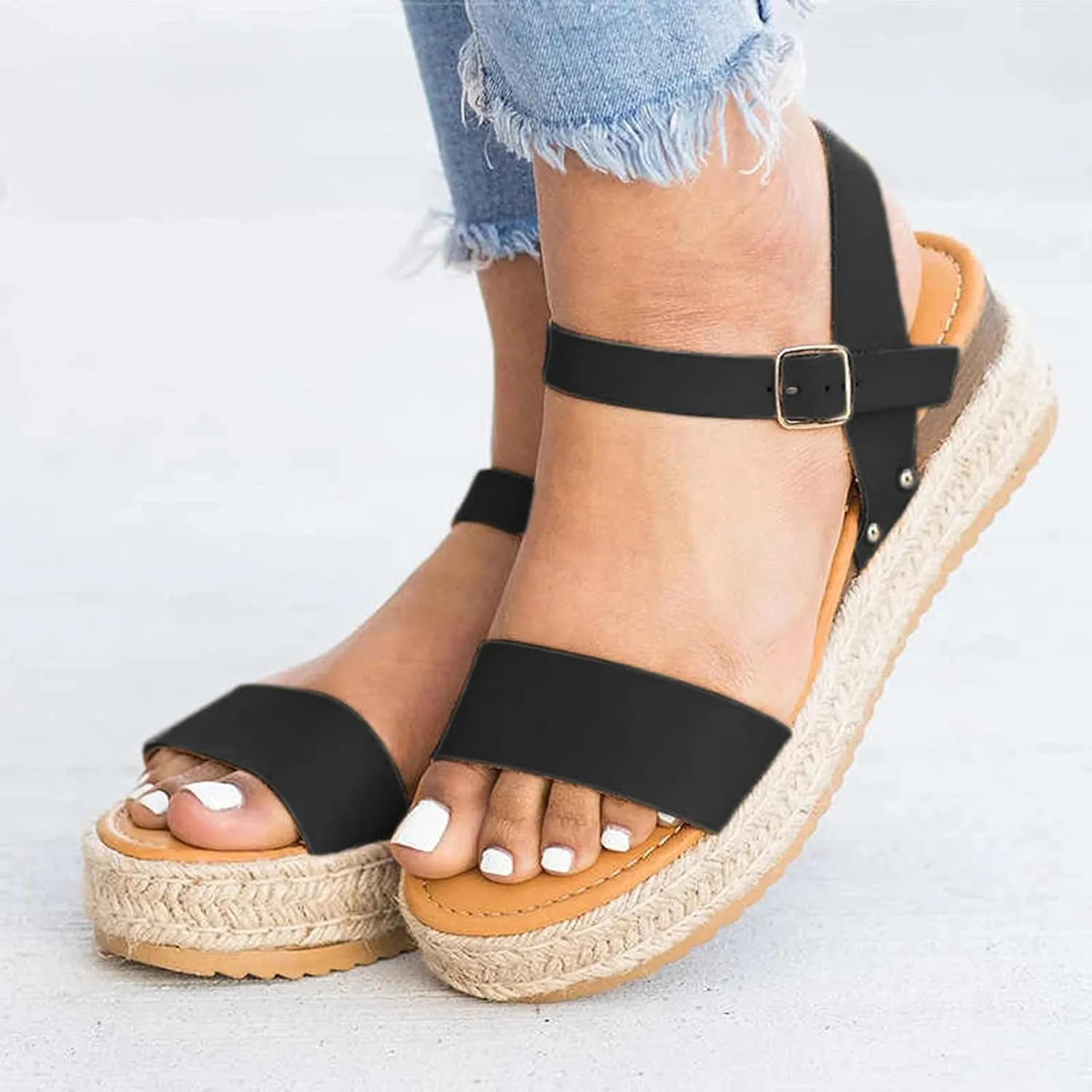 Eduavar Wedge Sandals for Women, Women Sandals Dressy Summer Beach Sandals Lace Trim Ring Toe Floral Flat Sandals