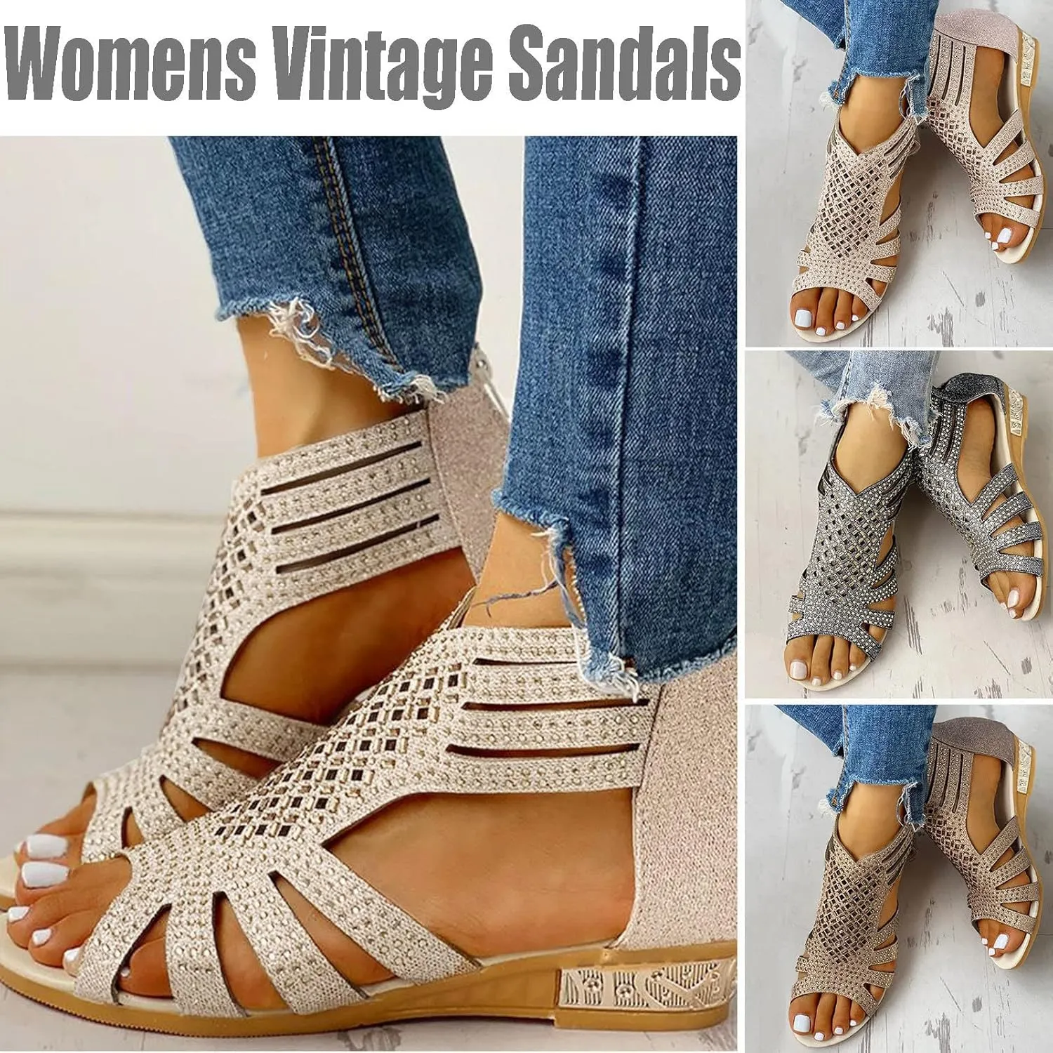 Eduavar Wedge Sandals for Women, Women Sandals Lace Trim Ring Toe Floral Flat Sandals Dressy Summer Beach Sandals