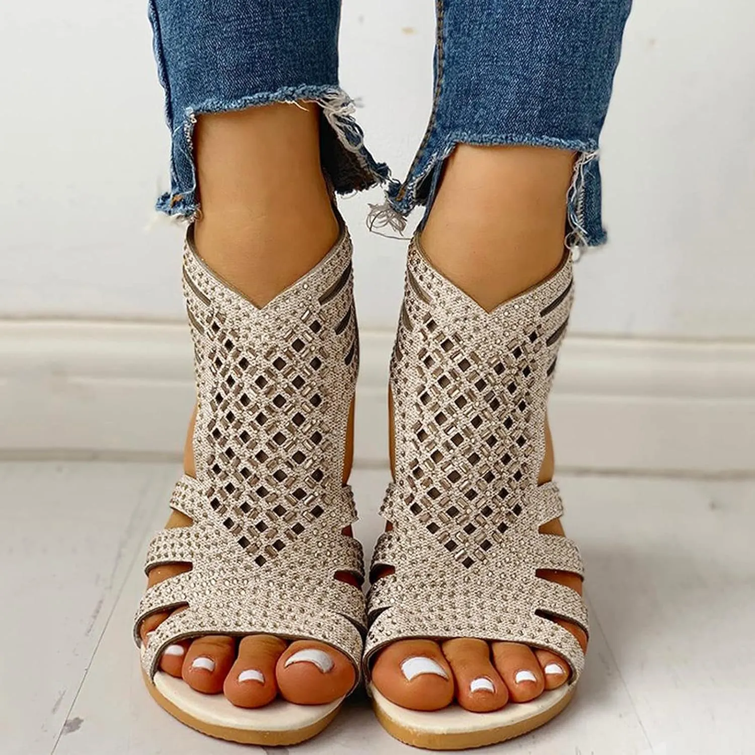 Eduavar Wedge Sandals for Women, Women Sandals Lace Trim Ring Toe Floral Flat Sandals Dressy Summer Beach Sandals