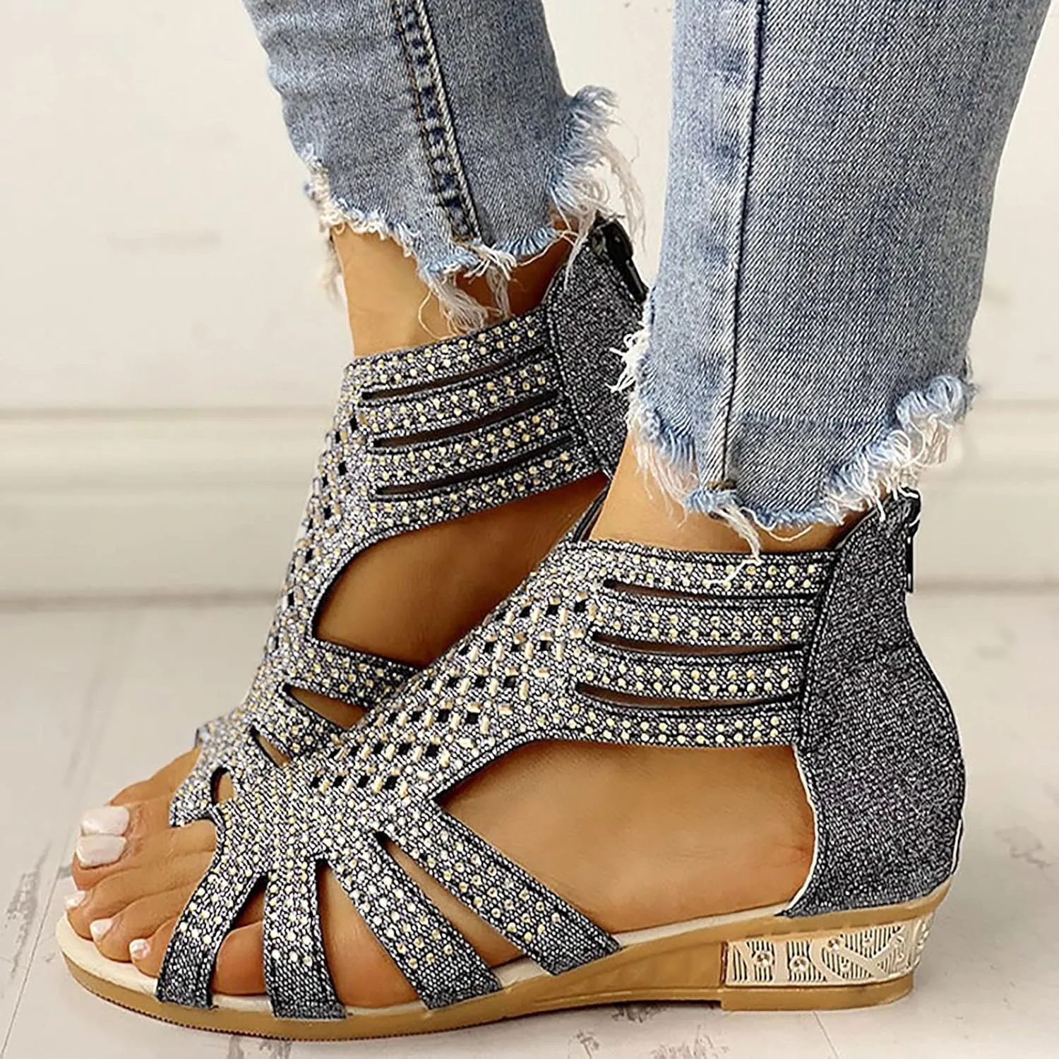 Eduavar Wedge Sandals for Women, Women Sandals Lace Trim Ring Toe Floral Flat Sandals Dressy Summer Beach Sandals
