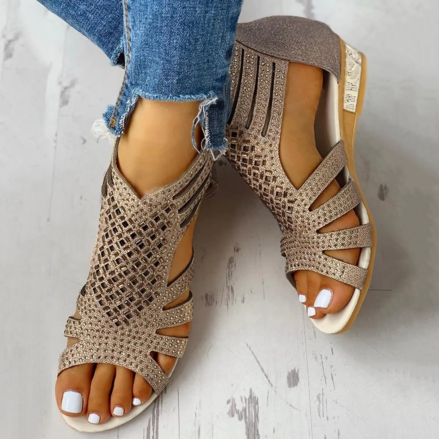 Eduavar Wedge Sandals for Women, Women Sandals Lace Trim Ring Toe Floral Flat Sandals Dressy Summer Beach Sandals