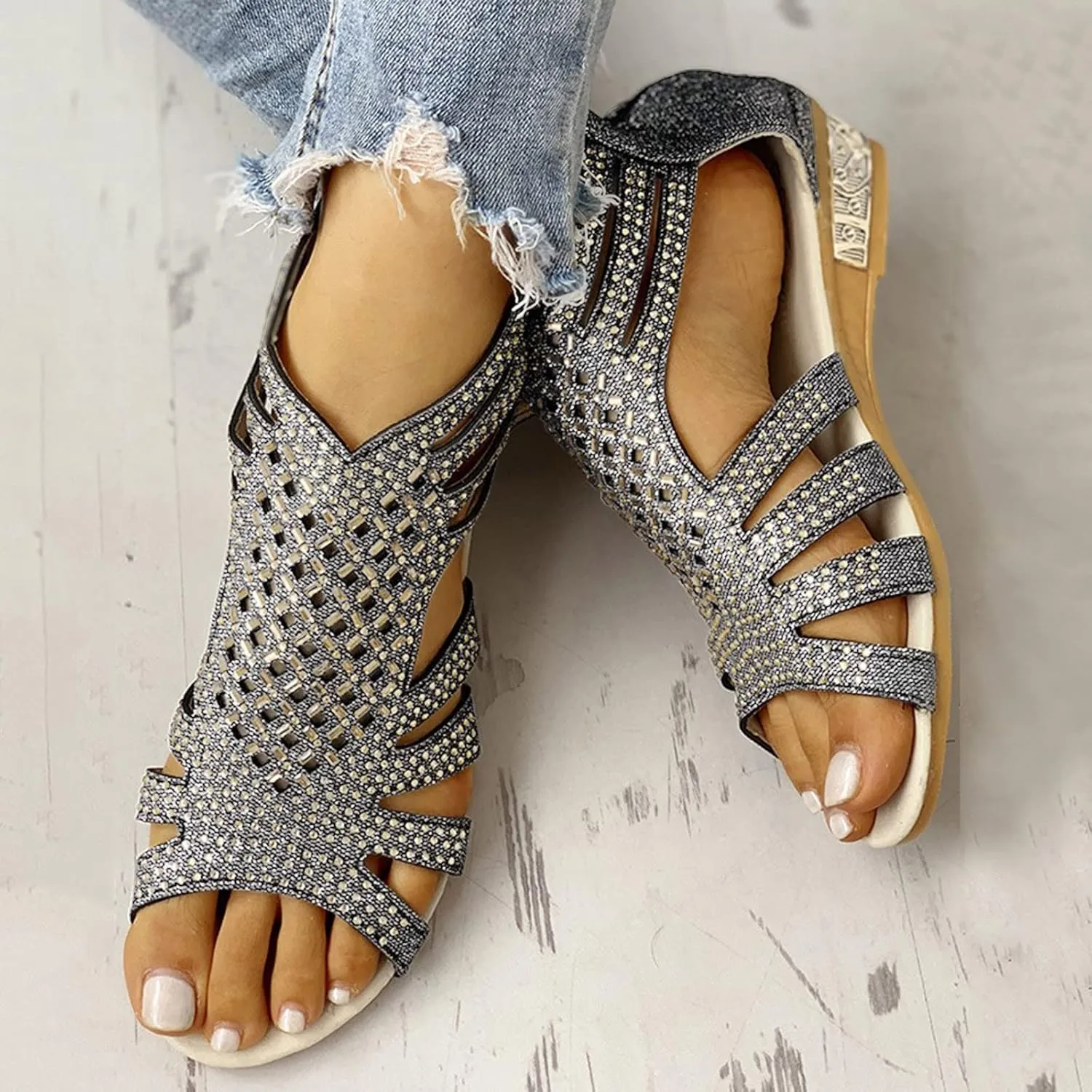 Eduavar Wedge Sandals for Women, Women Sandals Lace Trim Ring Toe Floral Flat Sandals Dressy Summer Beach Sandals