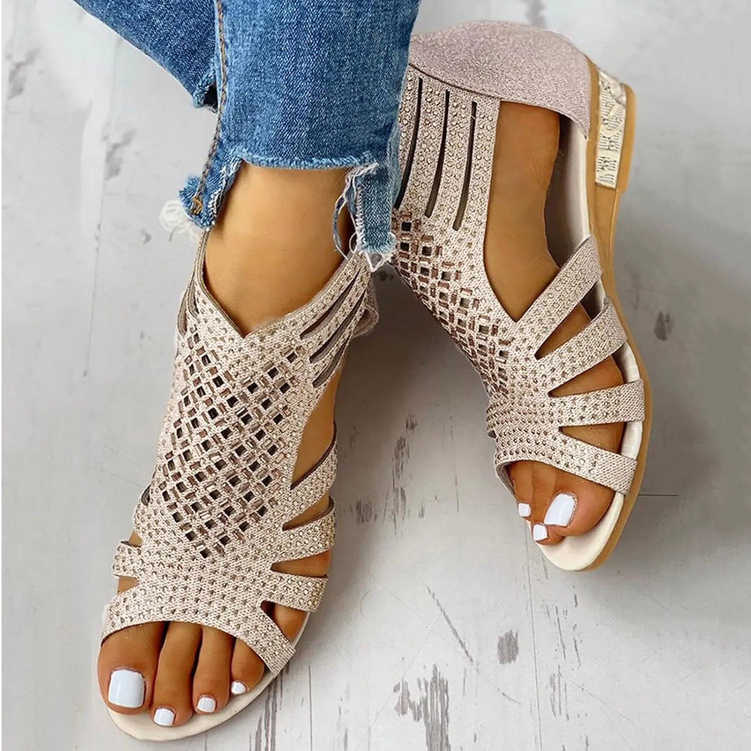 Eduavar Wedge Sandals for Women, Women Sandals Lace Trim Ring Toe Floral Flat Sandals Dressy Summer Beach Sandals