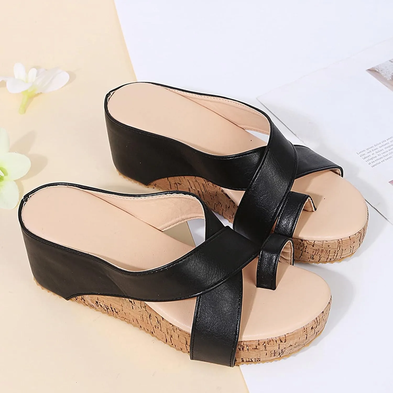 Eduavar Wedge Sandals for Women, Women's Sandals Dressy Summer Beach Sandals Lace Trim Ring Toe Floral Flat Sandals