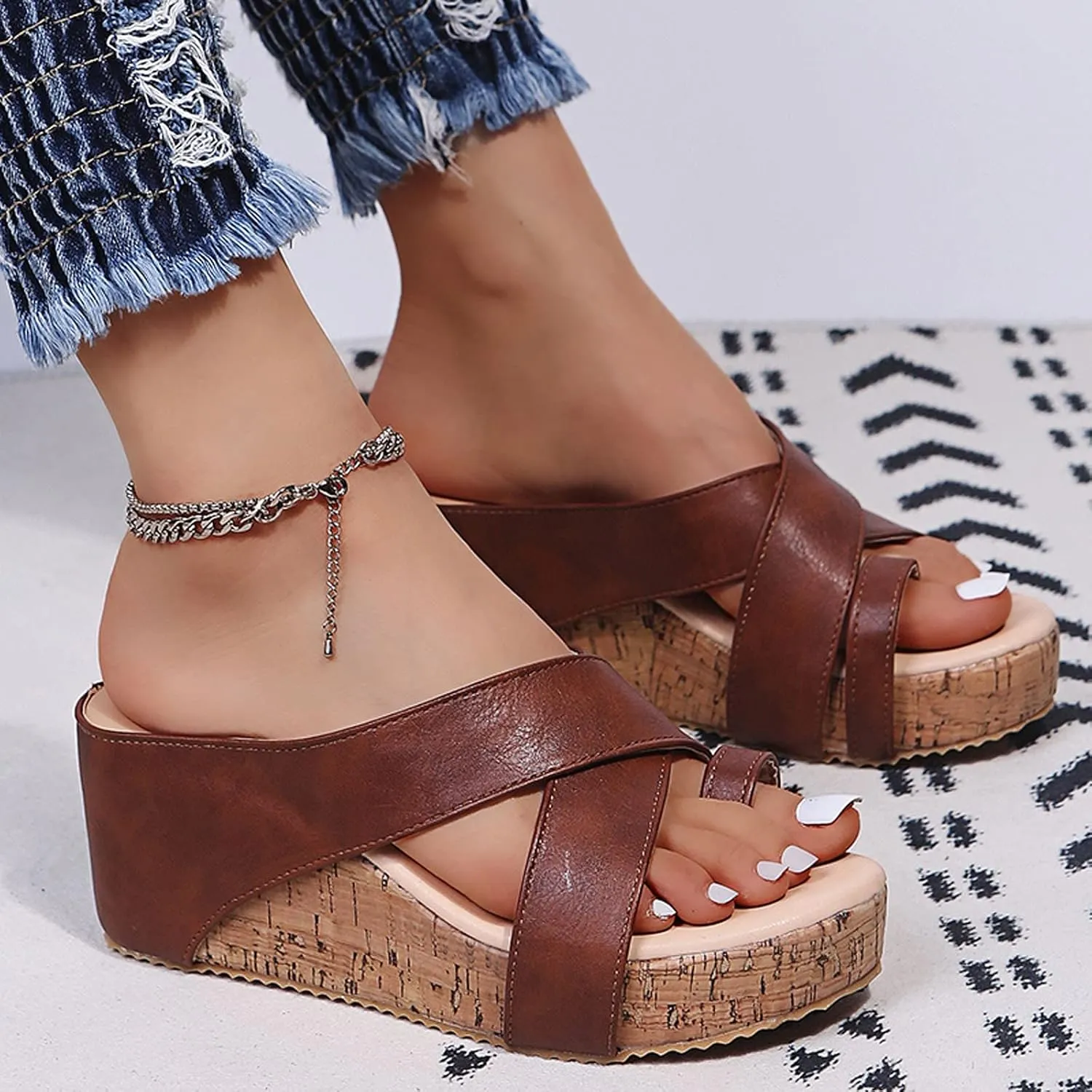 Eduavar Wedge Sandals for Women, Women's Sandals Dressy Summer Beach Sandals Lace Trim Ring Toe Floral Flat Sandals