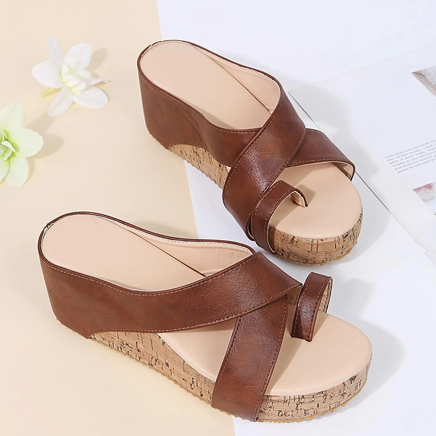 Eduavar Wedge Sandals for Women, Women's Sandals Dressy Summer Beach Sandals Lace Trim Ring Toe Floral Flat Sandals