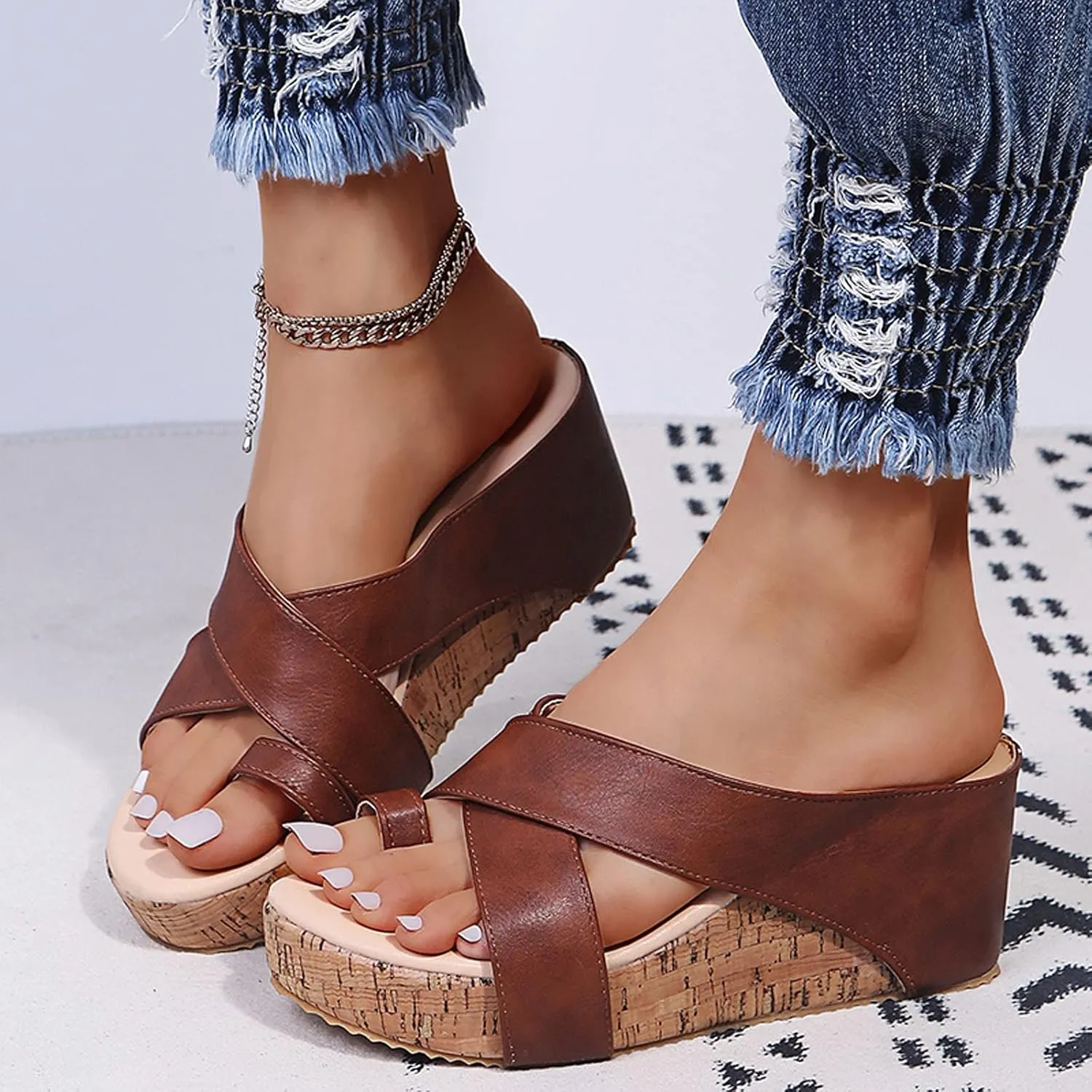 Eduavar Wedge Sandals for Women, Women's Sandals Dressy Summer Beach Sandals Lace Trim Ring Toe Floral Flat Sandals