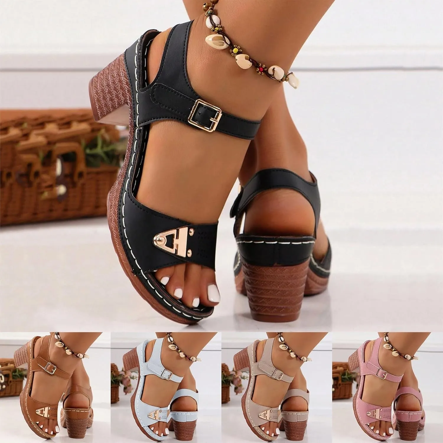 Eduavar Womens Wedge Sandals, Orthopedic Sandals for Women Leather Peep Toe Cutout Zipper Chunky Heeled Sandals