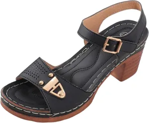 Eduavar Womens Wedge Sandals, Orthopedic Sandals for Women Leather Peep Toe Cutout Zipper Chunky Heeled Sandals