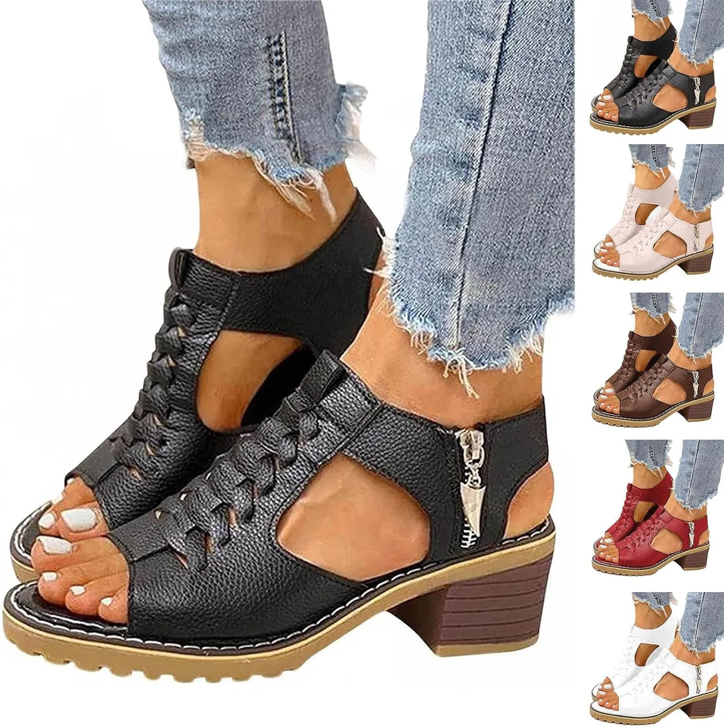 Eduavar Womens Wedge Sandals, Orthopedic Sandals for Women Leather Peep Toe Cutout Zipper Chunky Heeled Sandals