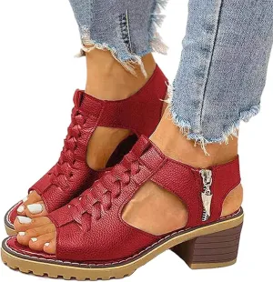 Eduavar Womens Wedge Sandals, Orthopedic Sandals for Women Leather Peep Toe Cutout Zipper Chunky Heeled Sandals