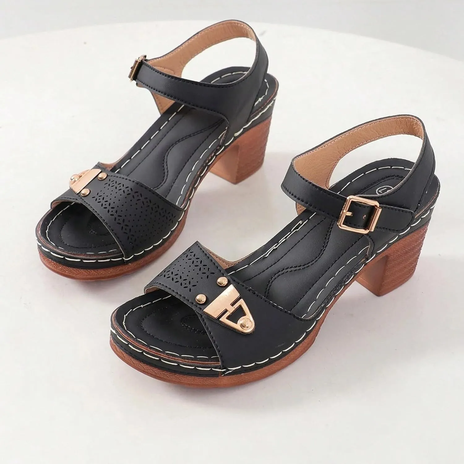 Eduavar Womens Wedge Sandals, Orthopedic Sandals for Women Leather Peep Toe Cutout Zipper Chunky Heeled Sandals