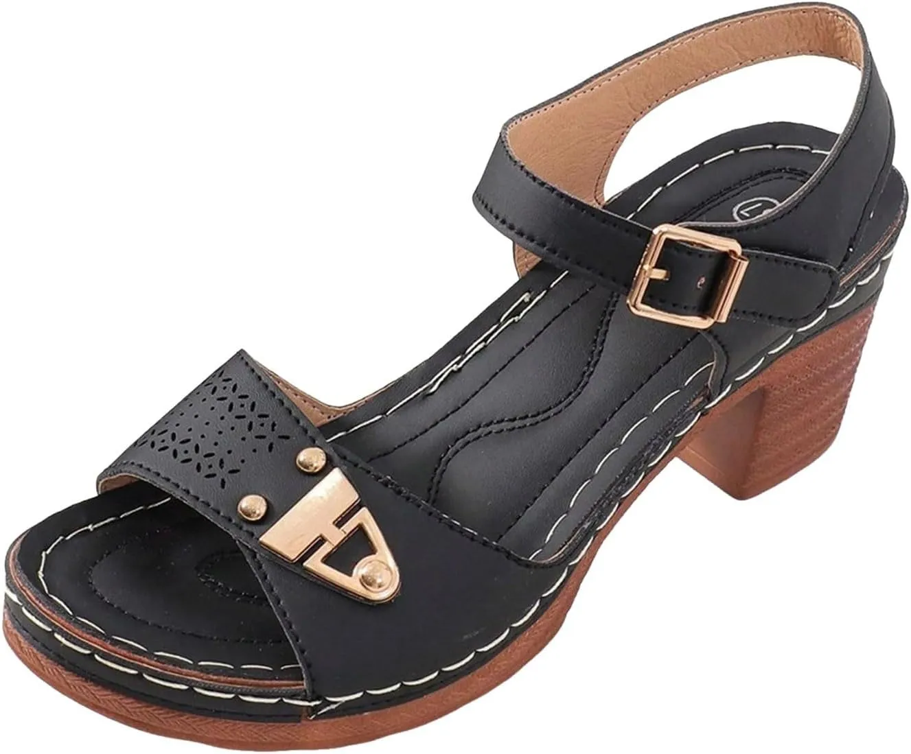 Eduavar Womens Wedge Sandals, Orthopedic Sandals for Women Leather Peep Toe Cutout Zipper Chunky Heeled Sandals
