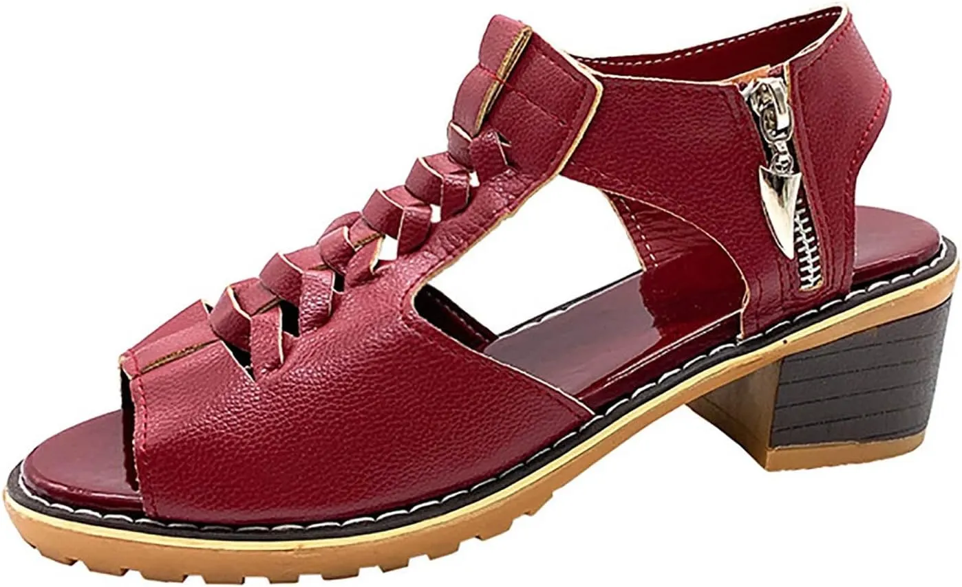 Eduavar Womens Wedge Sandals, Orthopedic Sandals for Women Leather Peep Toe Cutout Zipper Chunky Heeled Sandals