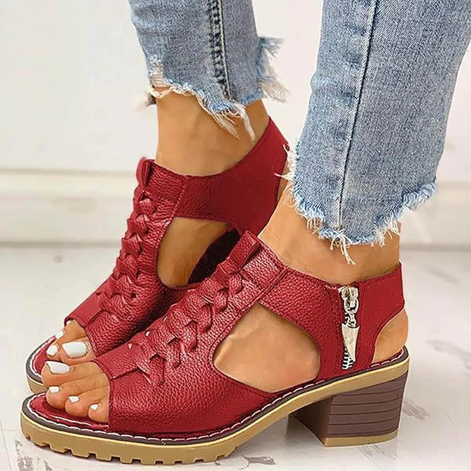 Eduavar Womens Wedge Sandals, Orthopedic Sandals for Women Leather Peep Toe Cutout Zipper Chunky Heeled Sandals