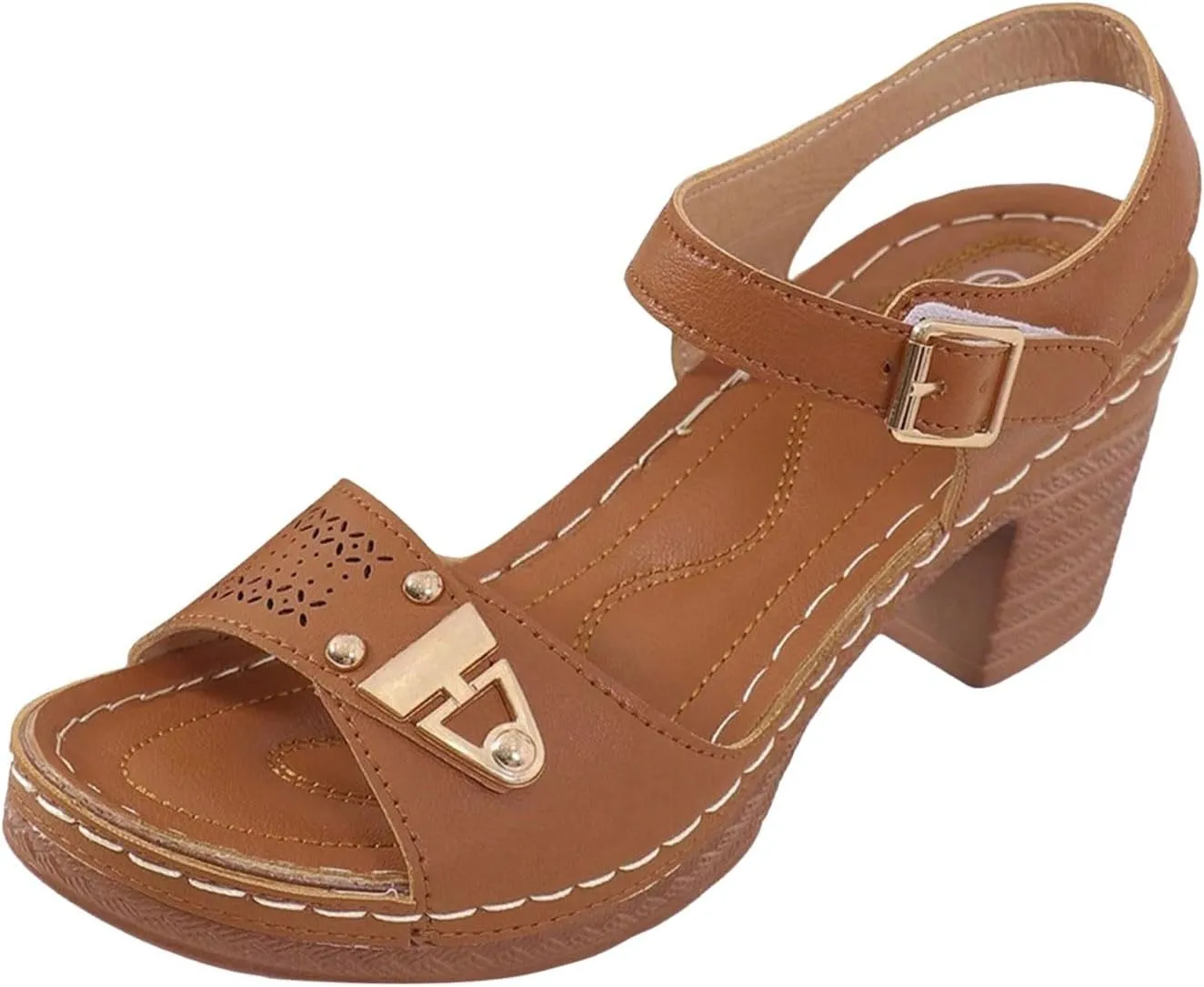 Eduavar Womens Wedge Sandals, Orthopedic Sandals for Women Leather Peep Toe Cutout Zipper Chunky Heeled Sandals