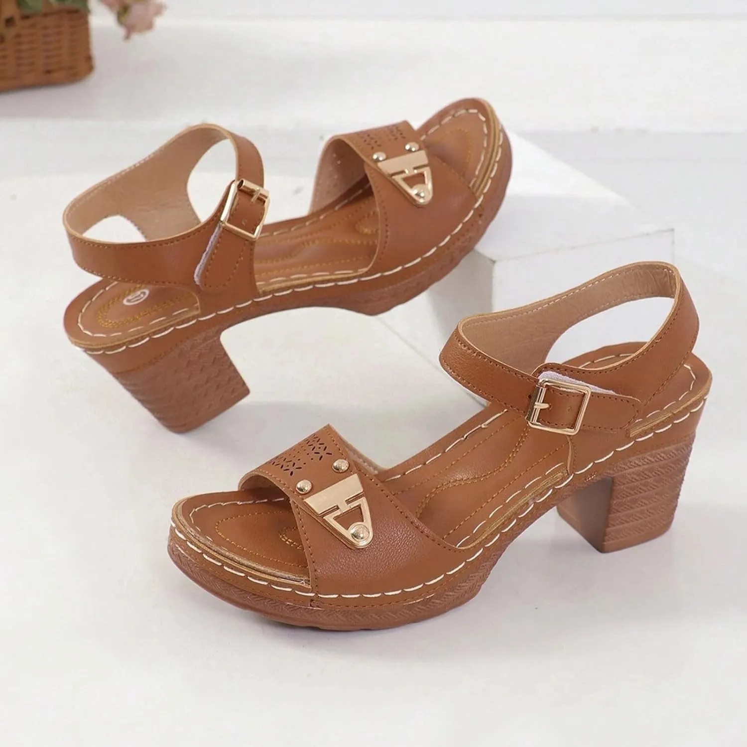 Eduavar Womens Wedge Sandals, Orthopedic Sandals for Women Leather Peep Toe Cutout Zipper Chunky Heeled Sandals